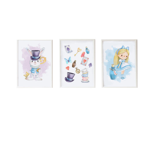 Satz mit 3 Bildern Crochetts Alice Bunt Holz MDF 33 x 43 x 2 cm Hase Hut Mädchen (3 Stücke)